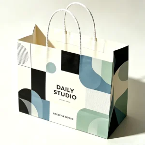 Custom Printed Biodegradable Eco Friendly Kraft Paper Carrier Bags Twisted Handles Minimal Geometric Design for Food Pizza)