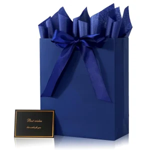 Custom Printed Biodegradable Eco Friendly Paper Shopping Bags Elegant Blue Gift Bag Ribbons Handles Holiday Party Festival Gift