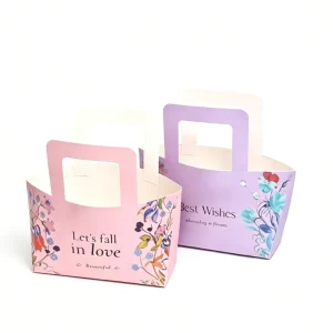 Custom Printed Biodegradable Paperboard Gift Bag Handle Portable Florist Bouquet Packaging Box Wedding Birthday Party Craft