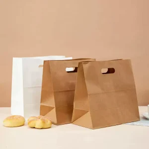 Custom Printed Brown Kraft Paper Bag with Handle Restaurant Fast Food Takeaway Bag