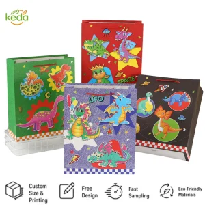 Custom Printed Christmas Cartoon Dinosaur Paper Bags Eco Friendly Reusable Carry Tote for Kids Children Lot