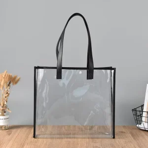 Custom Printed Clear PVC Transparent Handled Shopping Tote Bag with Leather Handle for Travel Shopping