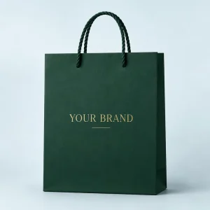 Custom Printed Dark Green Matte Paper Shopping Bag Gold Foil Logo Twisted Handle Luxury Gift Wedding Boutique Packaging Tote Bag