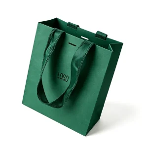 Custom Printed Eco Friendly Green Paper Bags with Laminated Ribbon Handles for Promotion & Supermarket Use