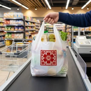 Custom Printed Eco Friendly PE Shopping Bags with Side Gusset and Hand Length Handle for Grocery & Food Storage