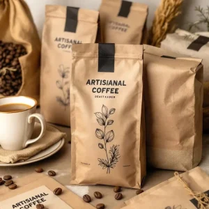 Custom Printed Flat Bottom Kraft Paper Coffee Bean Bags with Zipper and Valve Food Packaging Coffee Bag
