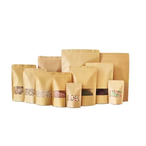 Custom Printed Food Packaging Ziplock Bags Plastic Zipper Bags Biodegradable Stand up Pouch Kraft Paper Bag with Clear Window