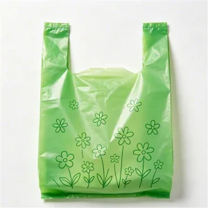 Custom Printed Fresh Green Vest Shopping Bag with Plant Design Lightweight High Load Bearing Bulk Export Plastic Carry Bag