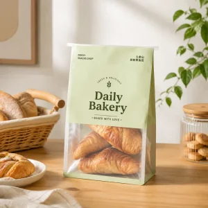 Custom Printed Friendly Plastic Brown Bread Paper Bags Food Toast Packaging Flat Bottom Pouch Clear Window Plastic With Tin Tie