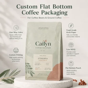Custom Printed Kraft Paper Flat Bottom Coffee Bags with One Way Valve and Resealable Zipper for Coffee Beans