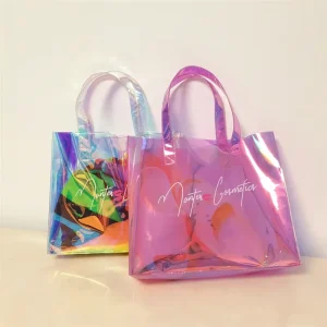 Custom Printed Logo Fashion Holographic Iridescent Waterproof Vinyl Beach Bag Hologram PVC Tote Shopping Bag for Clothes Makeup