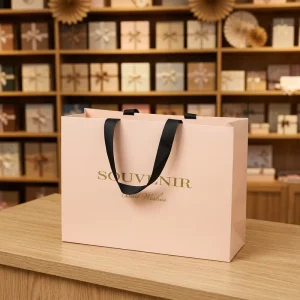 Custom Printed Logo Recyclable Coated Paper Matt Lamination Ribbon Supermarket Luxury Retail Boutique Paper Bags Clothes Bag