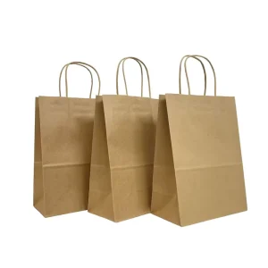Custom Printed Logo Twisted Paper Cord Flat Handle Recyclable White Brown Kraft Paper Bags for Promotion and Supermarket Use