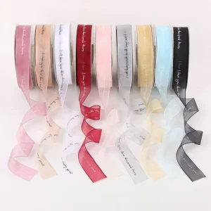 Custom Printed Organza Ribbon Rolls for Flower Bouquet Gift Packaging Sheer Logo Ribbon for Florist Wedding Decoration