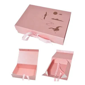 Custom Printed Pink Magnetic Gift Box with Paperboard Satin Ribbon Packaging