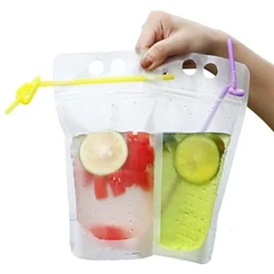 Custom Printed Plastic Hand held Plastic Party Beverage Bags with Straw Juice Pouches Zipper for Drink Juice Milk Tea Packaging