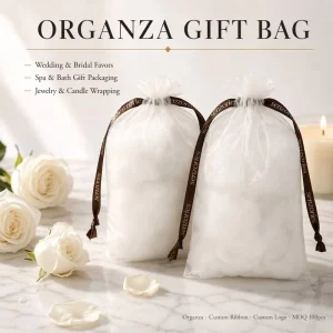 Custom Printed Ribbon White Sheer Organza Drawstring Pouch Luxury Jewelry Cosmetic Candle Gift Favor Packaging Bag