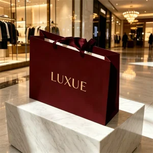 Custom Printed Waterproof Deep Red Paper Gift Bag Gold Logo Luxury Shopping Bag Die Cut Handle Packaging