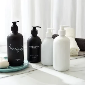 Custom Printing 250ml 500ml 8oz 16oz Matte Black White Boston Round Empty Cosmetic Glass Shampoo Pump Lotion Bottle