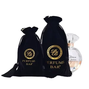 Custom Recyclable Gift Packaging Dust Drawstring Velvet Satin Bag with Black Shiny Finish for Candle and Craft