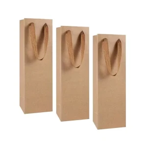 Custom Recycled Handle Kraft Wine Gift Bag Black Brown Paperboard with Your Own Design for Wine Bottles