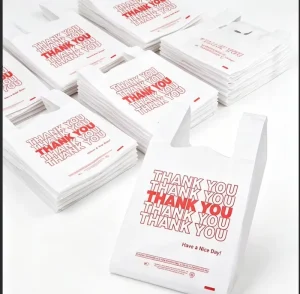 Custom Reusable PE T Shirt Bags Gravure Printing Thank You Design Hand Length Handle Pet Food Use
