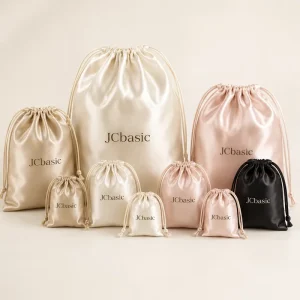 Custom Satin Drawstring Pouch Dust Bag for Handbag Clothing Shoe Packaging with Printed Logo for Retail Brands
