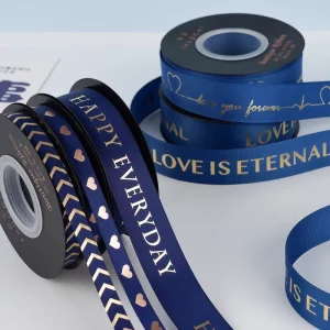 Custom Satin Gift Ribbons 3d Foil Gold Silver Embossed Logo Ribbon Roll Wedding Birthday Floral Gift Bouquet Wrapping