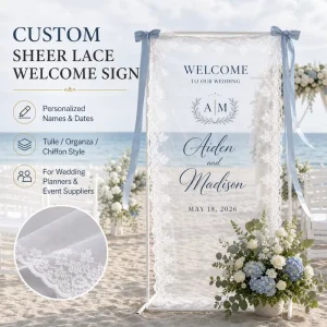 Custom Sheer Lace Wedding Welcome Sign Personalized Tulle Fabric Banner for Ceremony Entrance Event Decor Supply