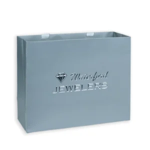 Custom Silver Embossed Logo Jewelry Paperboard Bags with Satin Handles Matte Grey Boutique Gift Shopping Bags