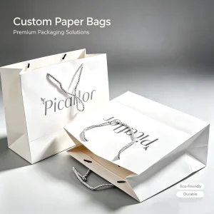 Custom Silver Print White Paper Gift Bag Luxury Twisted Handle Shopping Tote Bag for Clothing Jewelry Boutique Packaging