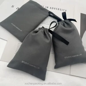Custom Silver Stamping Logo Reusable Gray Soft Velvet Microfiber Gift Drawstring Bag Jewelry Storage Travel Suede Dust Pouch