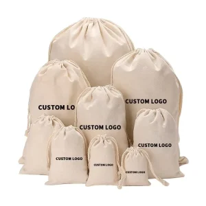 Custom Size Eco Friendly Recycled Plain Printed Big Cotton Canvas Pouch Drawstrings Dust Bags With Rope Logo