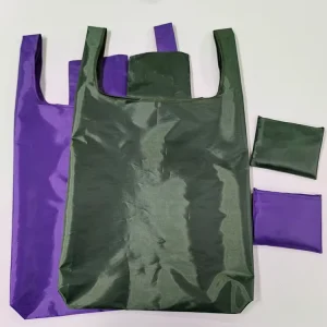Custom Solid Color Durable Recyclable Folding Supermarket Shopping Bag Eco Friendly 190T Polyester Hand Length Handle Pocket