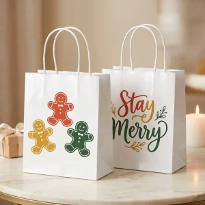 Custom Thick Paper White Kraft Christmas Bags Custom Winter Themed Print Recyclable Hand Bags for Large Import Batches
