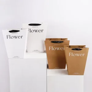 Custom Trapezoid Die Cut Handle Flower Paper Tote Bags Kraft Bouquet Gift Packaging Bags For Florist