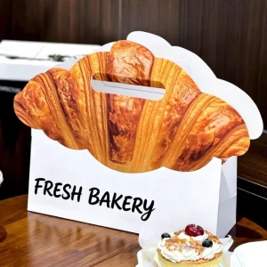Custom White Cardboard Dessert Bread Paper Packaging Bag with Handle for Takeaway Croissant and Baking Food