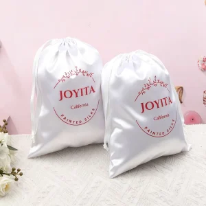 Custom White Satin Drawstring Bag Soft Glossy Silk Satin Dust Storage Pouch for Jewelry Cosmetic Shoe Garment Gift Packaging
