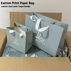 Custom Your Logo Color Full Print Blue Various Sizes Ribbon Handle Thick Cardboard Paper Shopping Bags for Gift Boutique