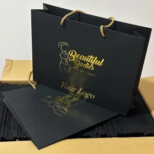 Custom Your Logo Gold Foil Printing (Hot Stamping) Luxury Black Cardboard Made Gift Carry Paper Shopping Bags with Various Sizes
