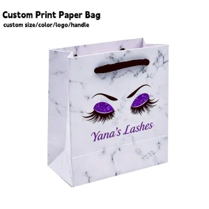 Custom Your Logo Printed Marble Paper Gift Bags Small Luxury Boutique Packaging Bags for Eyelash Extension Lash Salon Business
