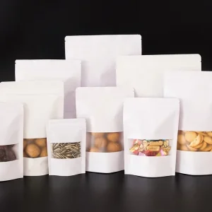 Custom Zip Lock Resealable Packaging Zipper Top White Kraft Paper Stand up Ziplock Doypack Bag with Window for Dried Fruit Snack