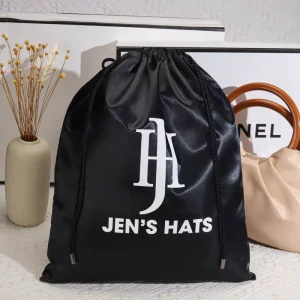 Custom logo Printed Handbag Baseball Cap Clothes Drawstring Dust Pouch Soft Black Satin Drawstring Storage Bag