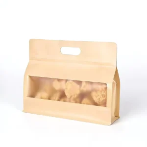 Customizable Diecut Handle Packaging with a Transparent Window Suitable for Kraft Paper Bags Used to Package Fruit and Desserts