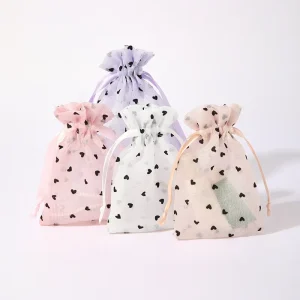 Customizable Heart Pattern Sheer Organza Drawstring Bag Delicate Mesh Gift Pouch for Birthday Gifts and Jewelry Storage