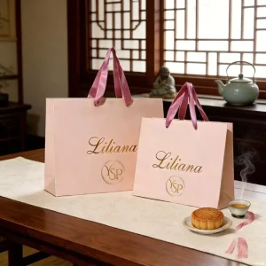 Customizable Logo Pink Paper Shopping Bag Premium Retail Art Paper Carrier with Ribbon Handle for Bespoke Boutique Bulk