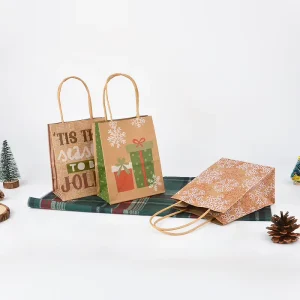 Customizable Recyclable Kraft Paper Bags for Promotion Clothing and Shoes with Christmas Design Flexiloop Handle and Ribbon