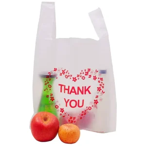 Customize Printed Logo 12″ X 7″ X 22″ Plastic Heavy Duty White T Shirt Bags for Supermarket Shopping Bags