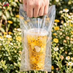 Customize Takeaway Single Cup Flat Plastic Take Out Bag Bubble Tea Cup Carrier Bag for Soda Juice Beverages Packaging