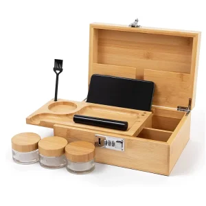 Customized Bamboo Box with Combination Wooden Stash Box for Great Father Day Gifts Locking Bamboo Storage Box with Glass Jar
